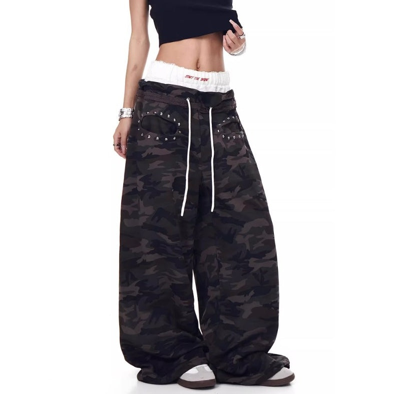 Lace Stitching Double Waist Camouflage Pants MW10203