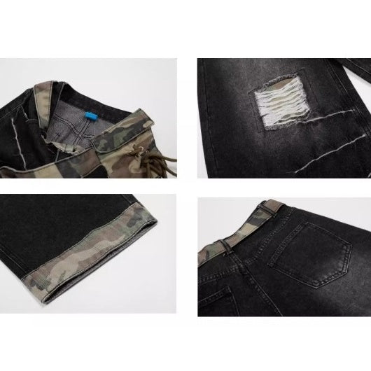 Patchwork Ripped Curve Jeans With Camouflage Belt Bag MW10240