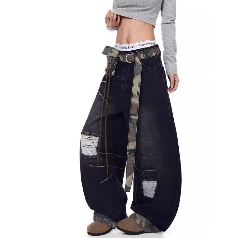 Patchwork Ripped Curve Jeans With Camouflage Belt Bag MW10240