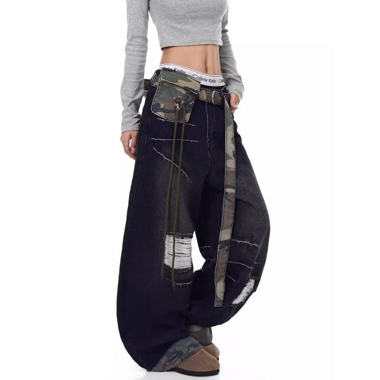Patchwork Ripped Curve Jeans With Camouflage Belt Bag MW10240