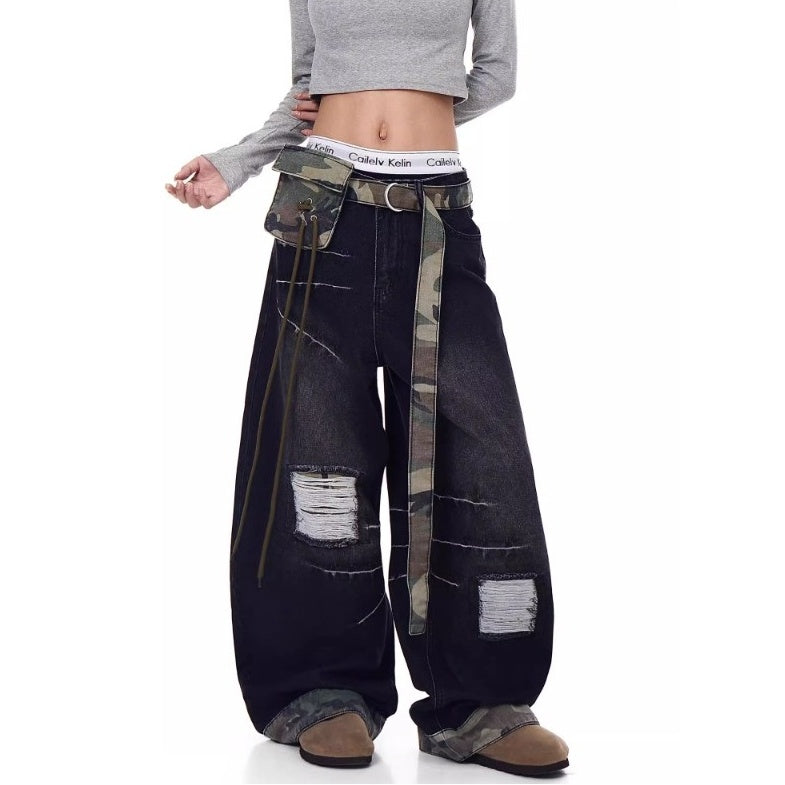 Patchwork Ripped Curve Jeans With Camouflage Belt Bag MW10240