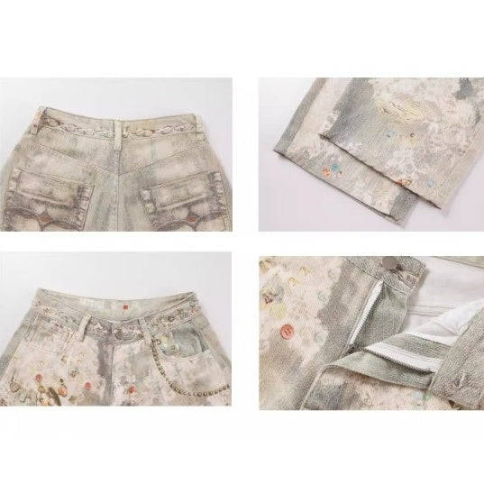 3D Printed Jewelry Distressed Wide Curve Jeans MW10223