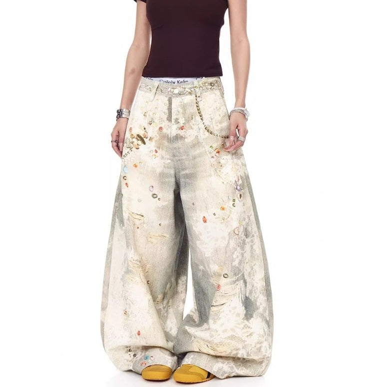 3D Printed Jewelry Distressed Wide Curve Jeans MW10223