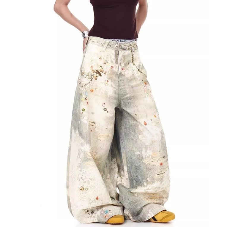 3D Printed Jewelry Distressed Wide Curve Jeans MW10223