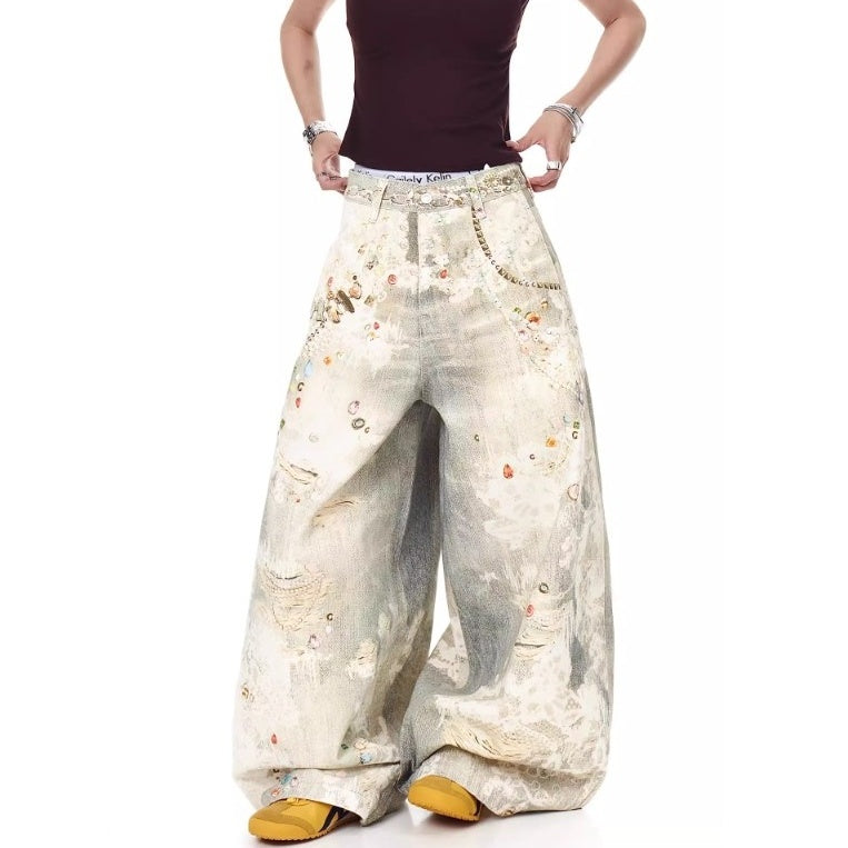 3D Printed Jewelry Distressed Wide Curve Jeans MW10223