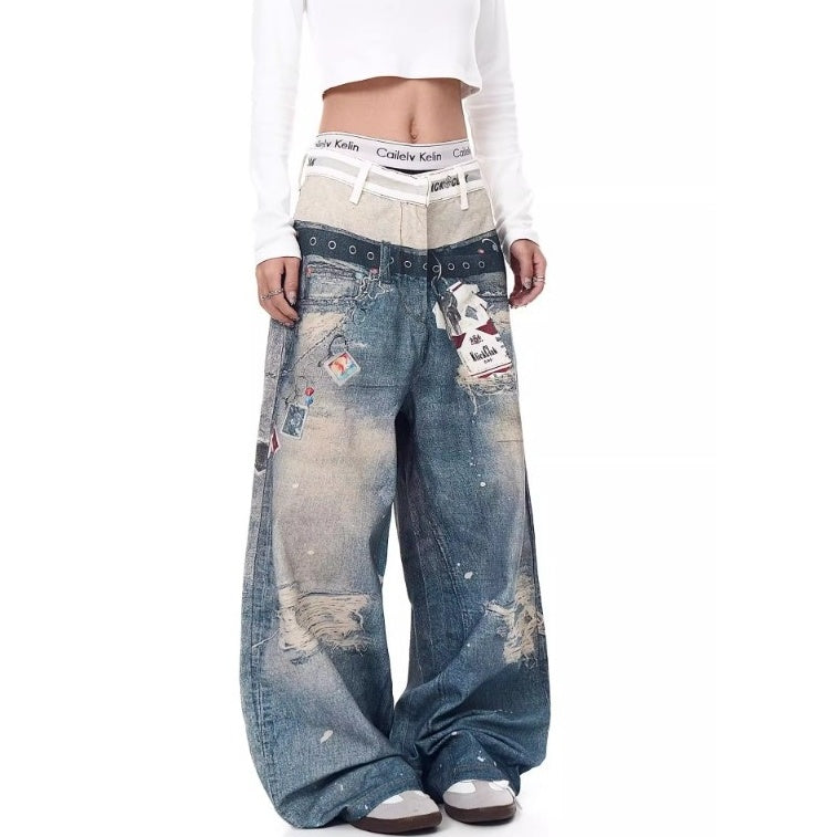 3D Printing Double Waist Distressed Loose Jeans BK7003