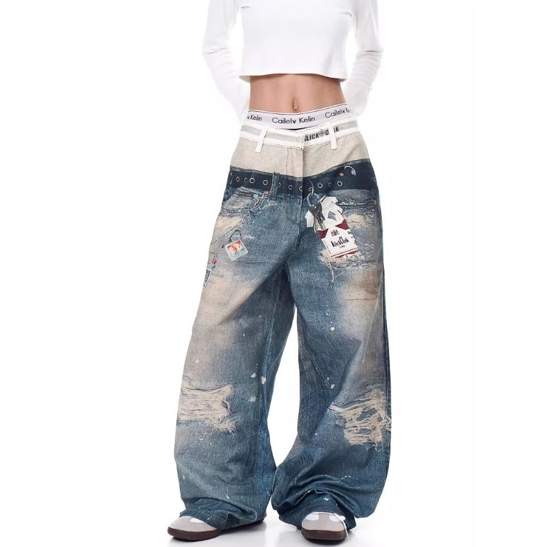3D Printing Double Waist Distressed Loose Jeans BK7003