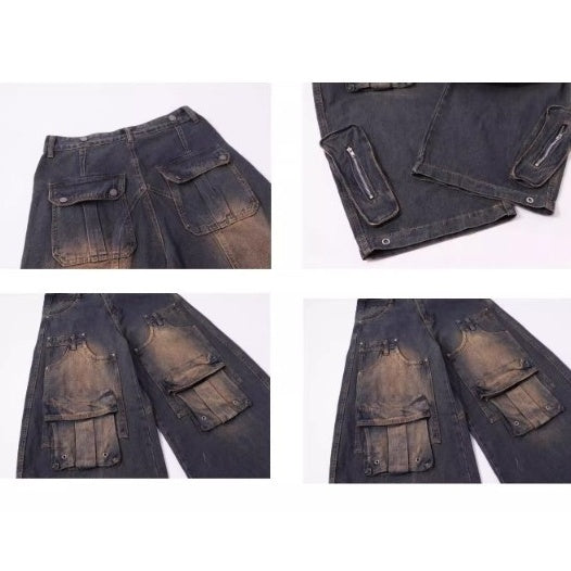 Deconstructed Multi-Pocket Damage Wide Jeans BK7004