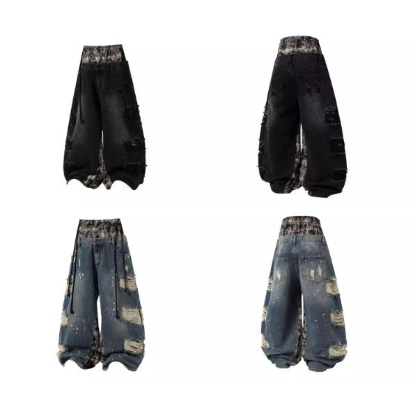 Double Waist Splicing Ripped Curve Jeans MW10273