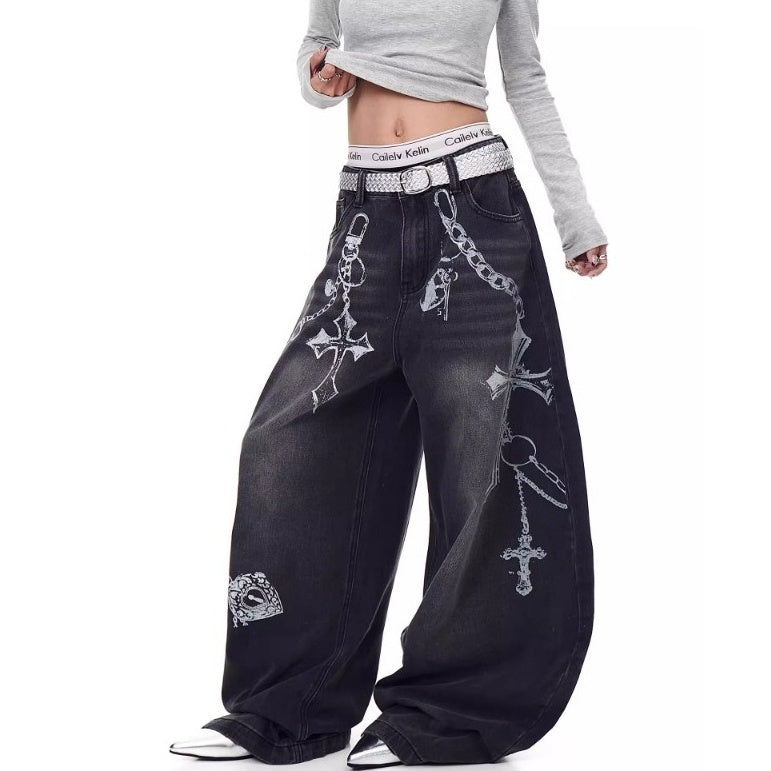 Cross Print Washed Loose Curve Jeans MW10275