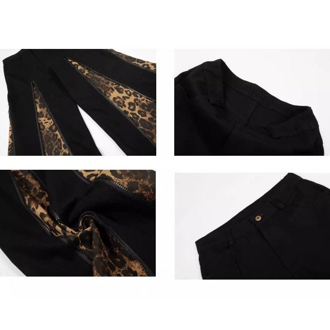 Zipper Stitch Leopard Patchwork Flare Jeans BK7019