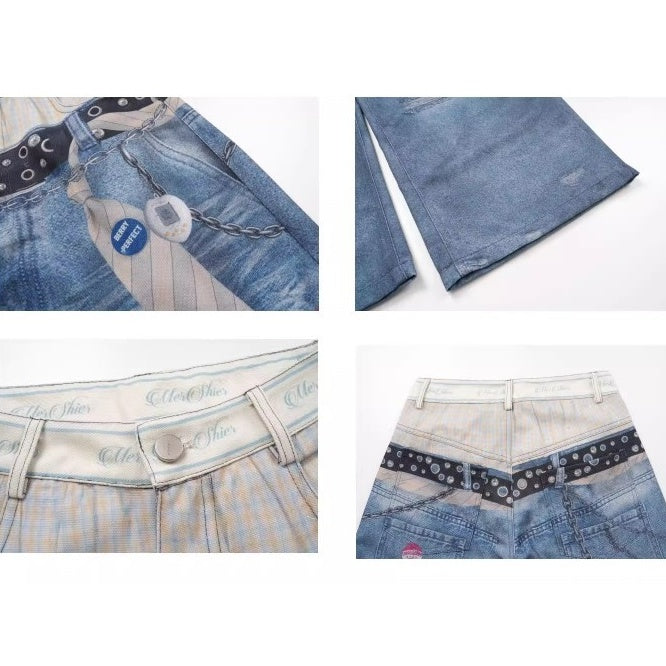 3D Belt Chain Print Double-Waist Jeans BK7020