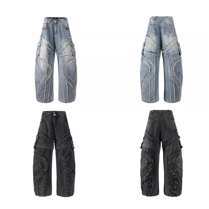 Raw Edge Stitching Cargo Jeans BK7022
