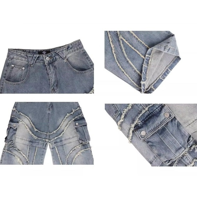 Raw Edge Stitching Cargo Jeans BK7022