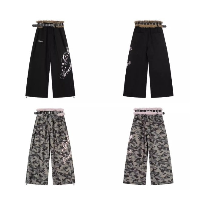 Letter Print Wide Sweat Pants With Fur Belt BK7026