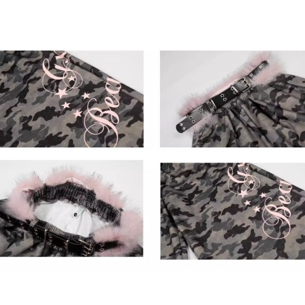 Letter Print Wide Sweat Pants With Fur Belt BK7026