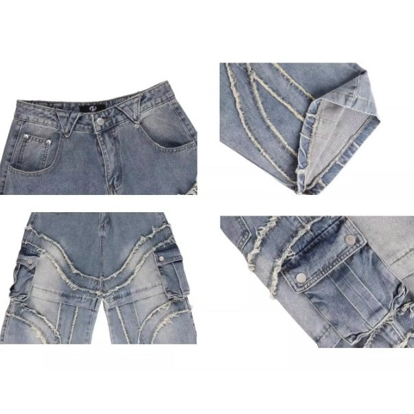 Raw Edge Switching Cargo Curve Jeans BK7027