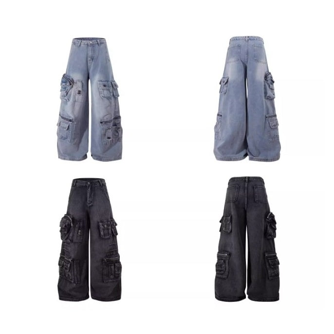 Washed Wide Buggy Cargo Jeans BK7028