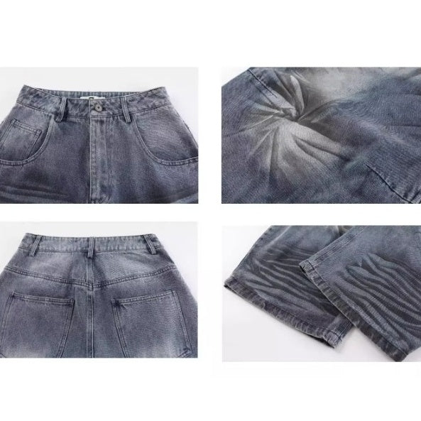 Washed Cat Whisker Printed Scimitar Jeans BK7029