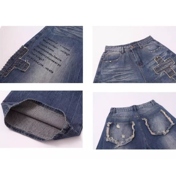 Rivet Patch Embroidered Wide Curve Jeans BK7011