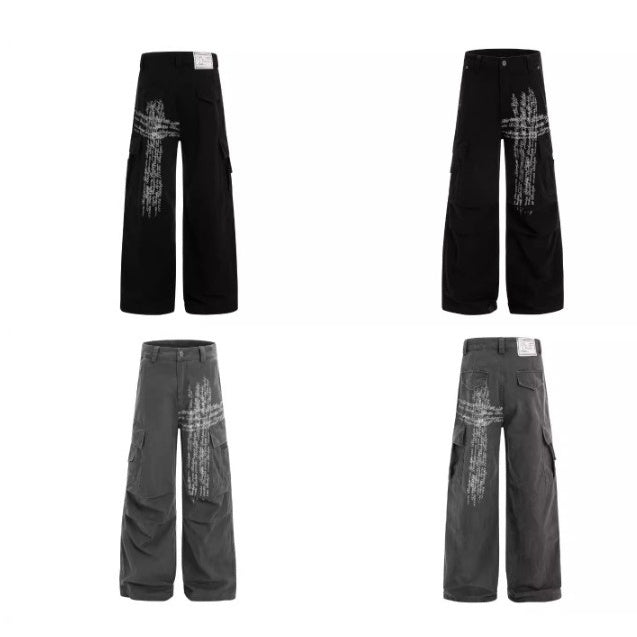 Washed Pleated Letter Print Cargo Pants BK7013