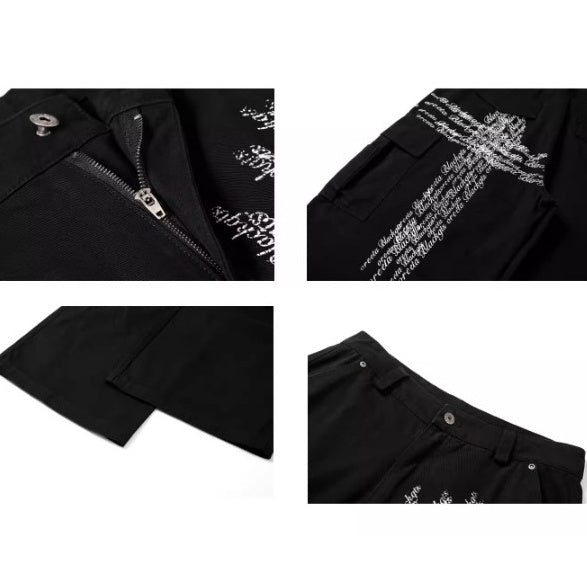 Washed Pleated Letter Print Cargo Pants BK7013