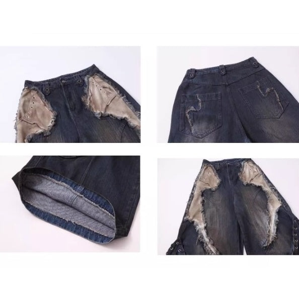 Industry Old Stained Patchwork Wide-leg Jeans BK7017