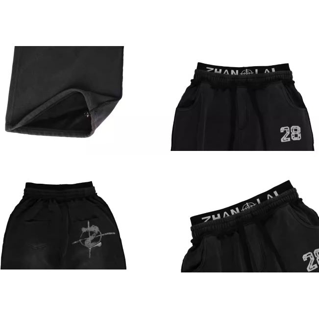 Washed Double Waist Letter Print Sweat Pants BK7069