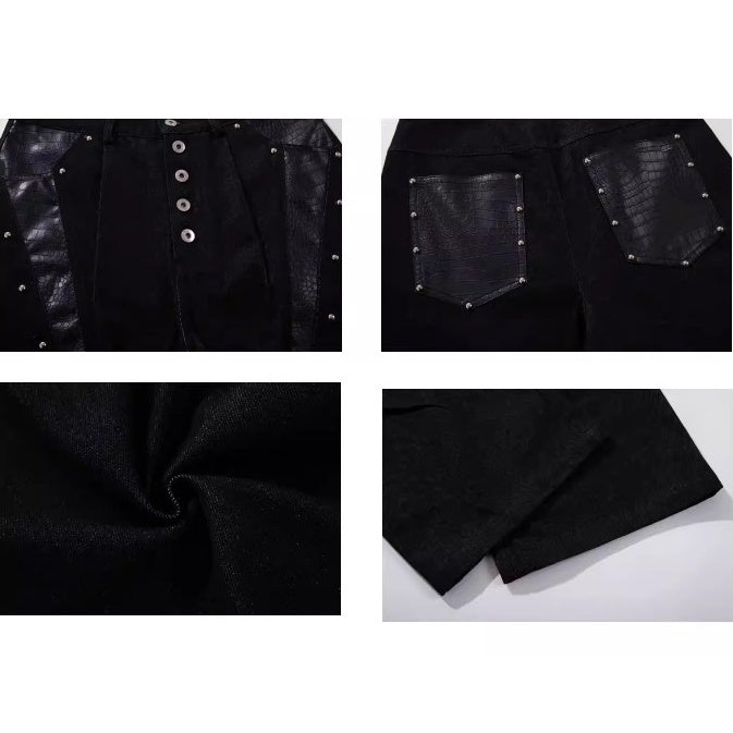 Deconstruction Studs Leather Patchwork Wide-leg Jeans MW10347