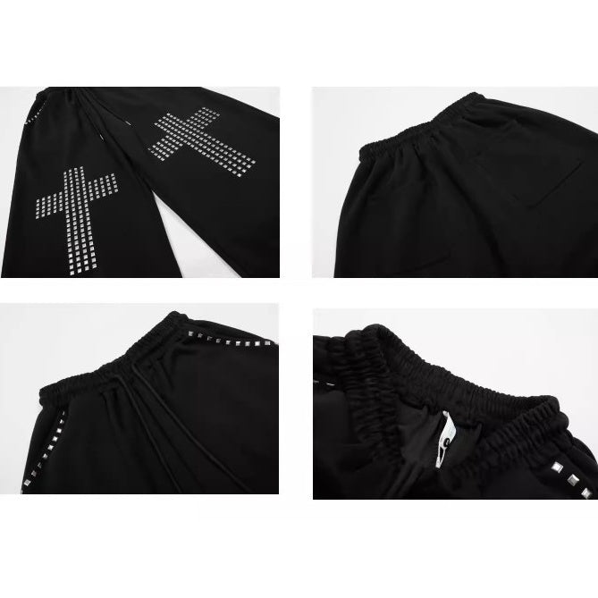 Studded Cross Drawstring Wide Sweat Pants MW10361