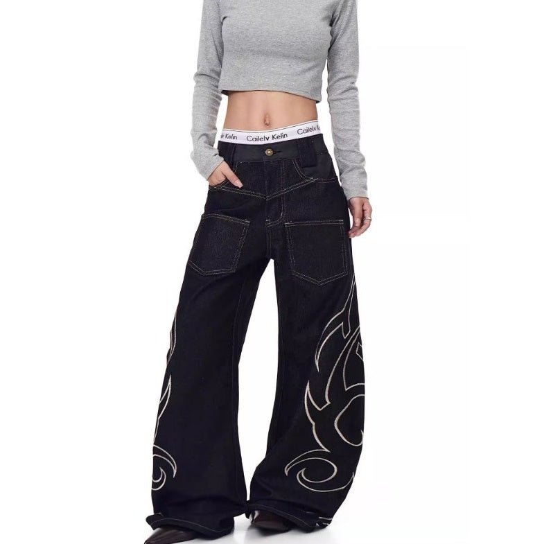 Flame Embroidery Wide-leg Curve Jeans MW10363