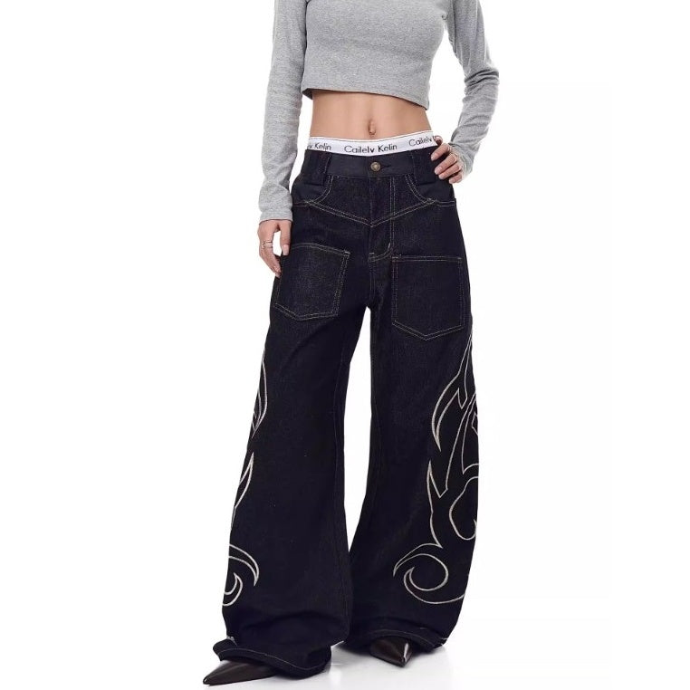Flame Embroidery Wide-leg Curve Jeans MW10363