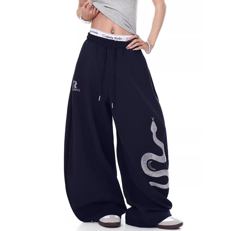 Snake Rhinestone Wide Curve Sweat Pants MW10388