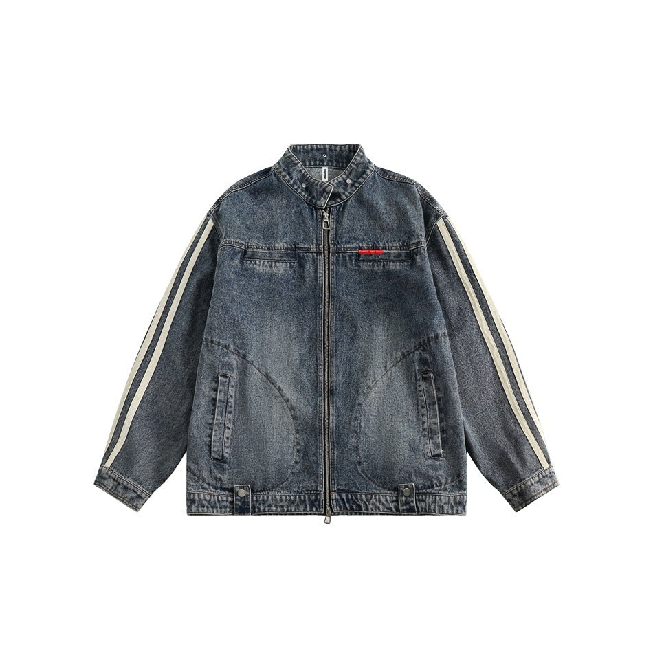 Stand Collar Vintage Wash Biker Denim Jacket SP7004