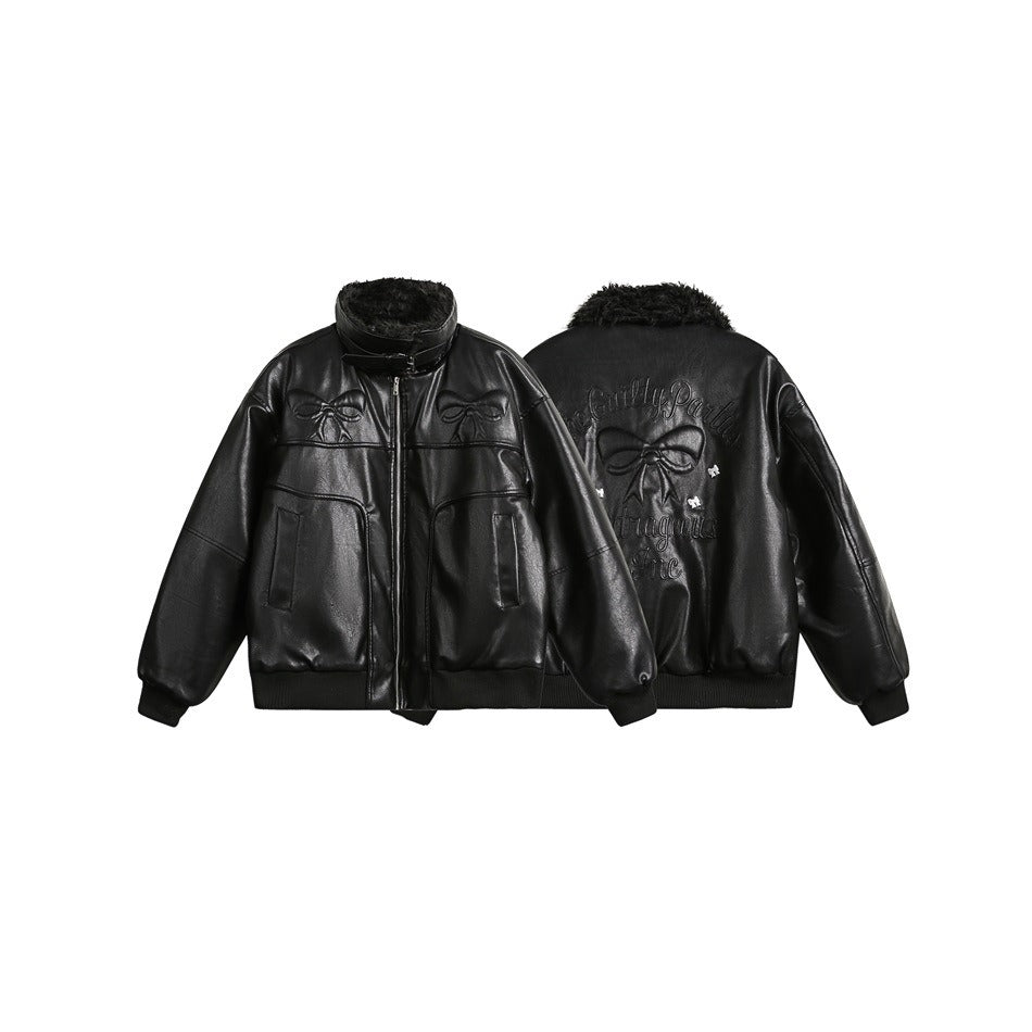 Back Bow Emboss PU Leather Jacket MY2407