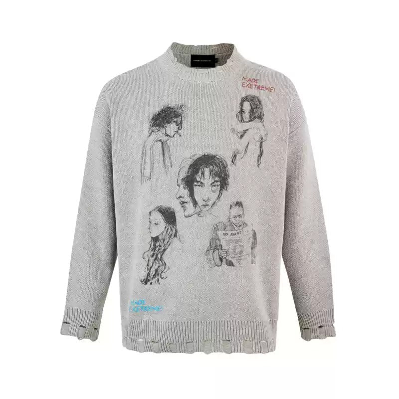 Sketch Print Art Design Loose Damage Sweater MW9617