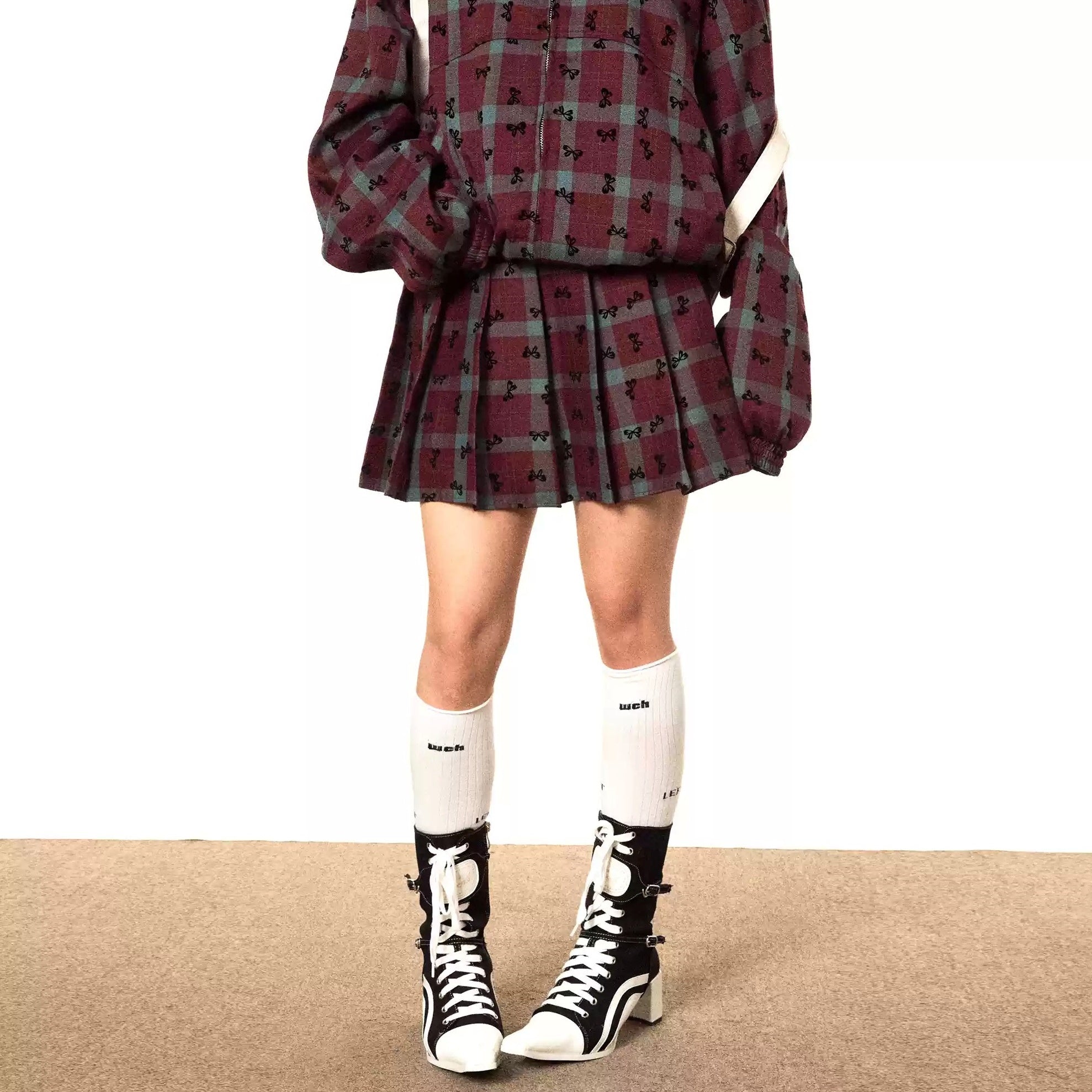 【上下別売り】Bow Print Contrast Plaid Jacket & Pleated Short Skirt Set-up MW9494