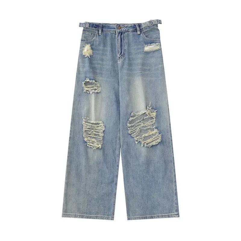 Waist Strap Washed Ripped Loose Jeans MR8015