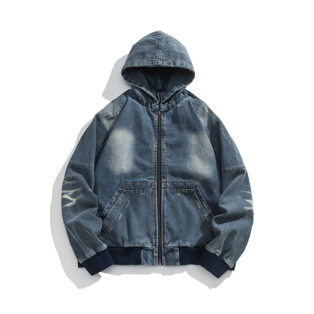 ZIP-Up Hooded Wash Denim Jacket MW9414