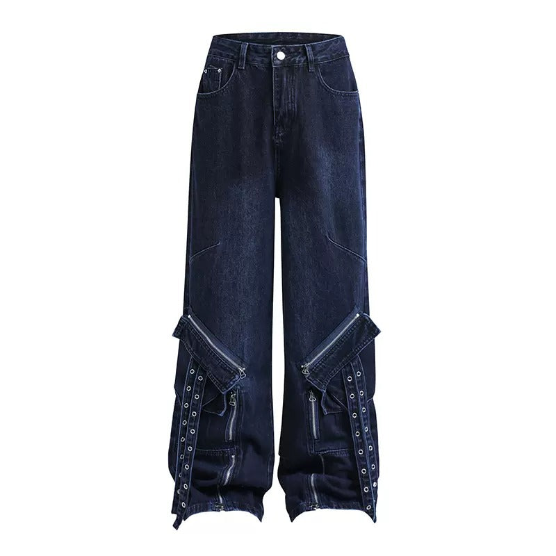 Zipper Strap Design Wash Loose Street Jeans MR8002