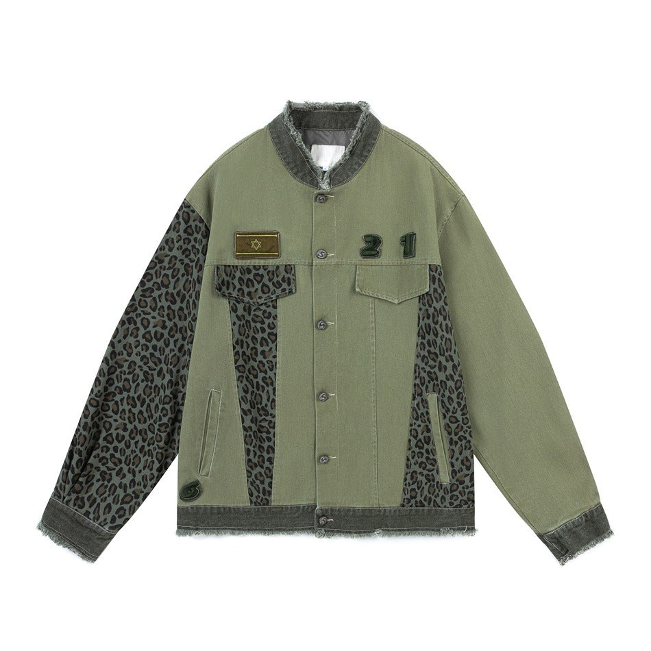 Wash Leopard Print Stitched Stand Collar Jacket MW9486