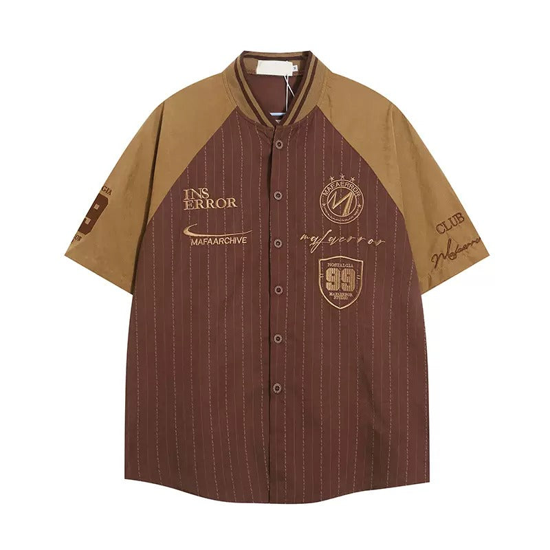 Baseball Collar Striped Embroidery Short Sleeve Shirt HG7166
