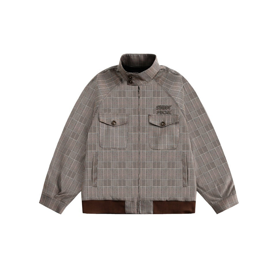 Glen Check Retro Stand Collar Cargo Jacket SP7007