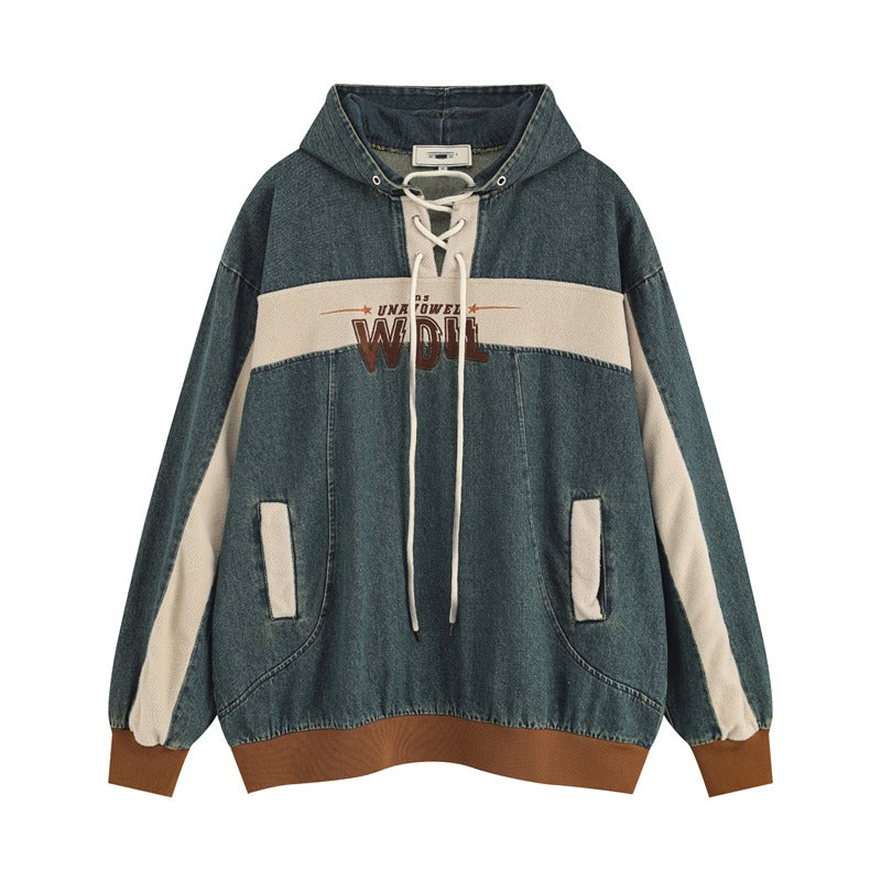 Washed Denim Color-Blocked Design Hoodie MW9488