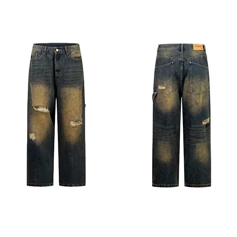 Washed Ripped Loose Straight Work Jeans NJ1003