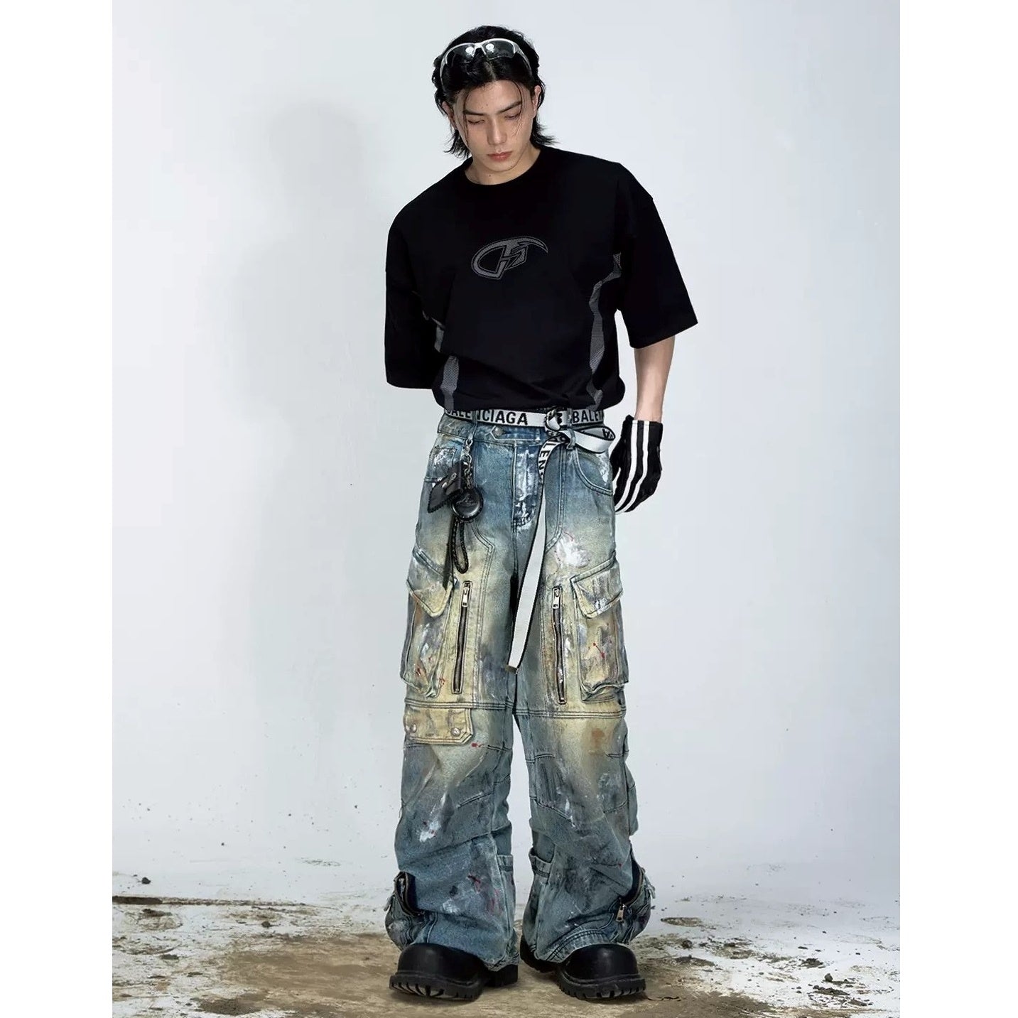 Graffiti Paint Design Multi-pocket Wide-leg Jeans PS7007