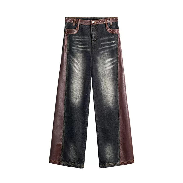 PU Leather Stitching Washed Distressed Wide Jeans RH019