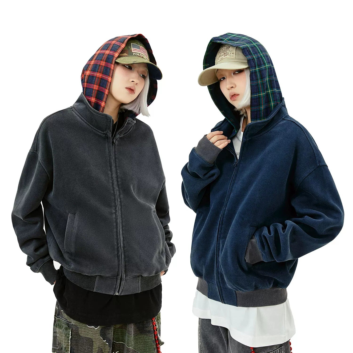 Plaid Hooded Stitched ZIP-Up Jacket MW9329