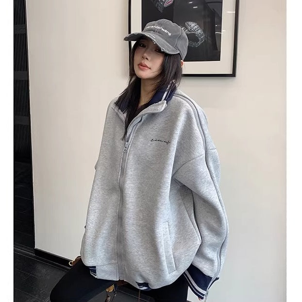 Zipper Accent Stand Collar Sweat Jacket OS2083