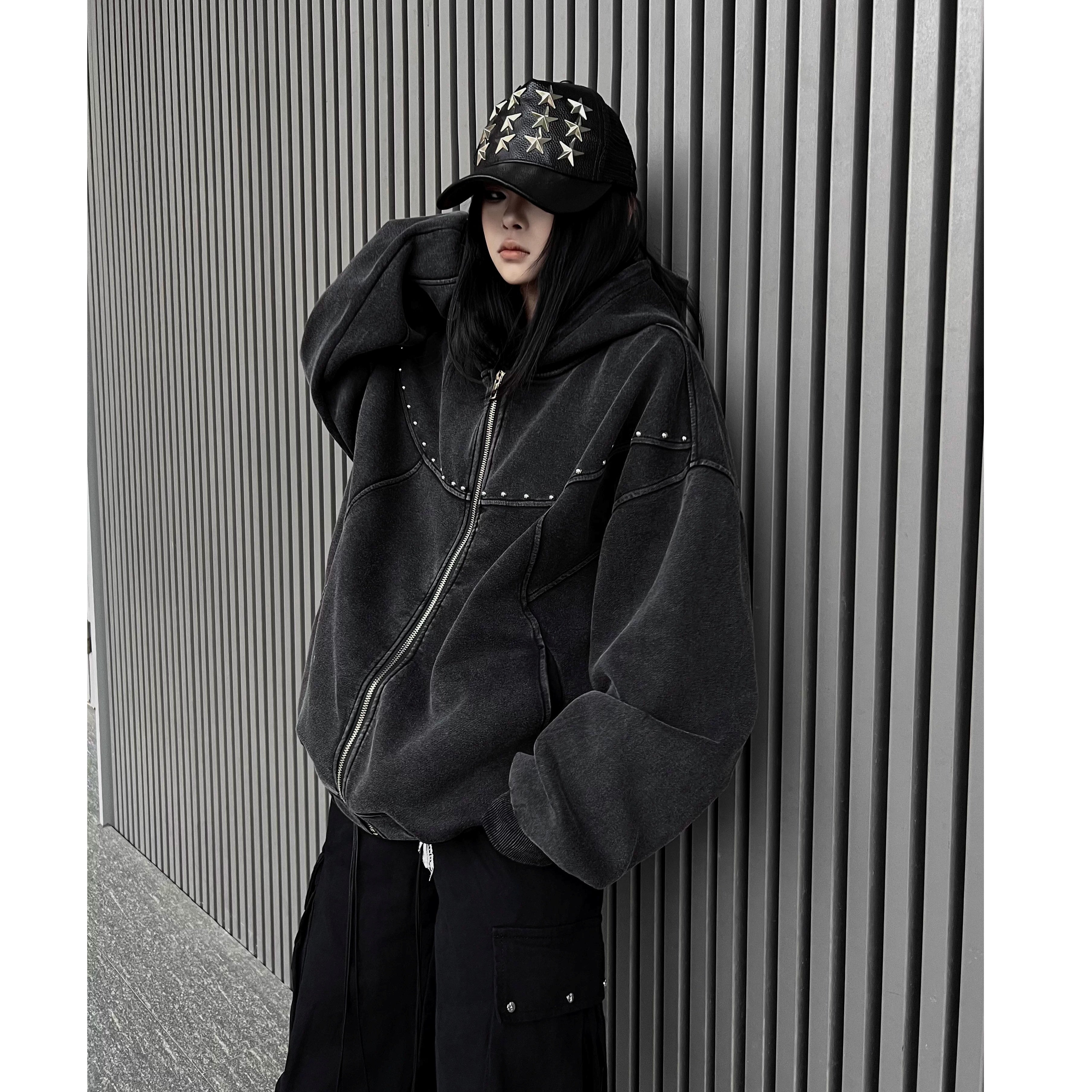 Studded Design Washed Hooded Sweat MW10346